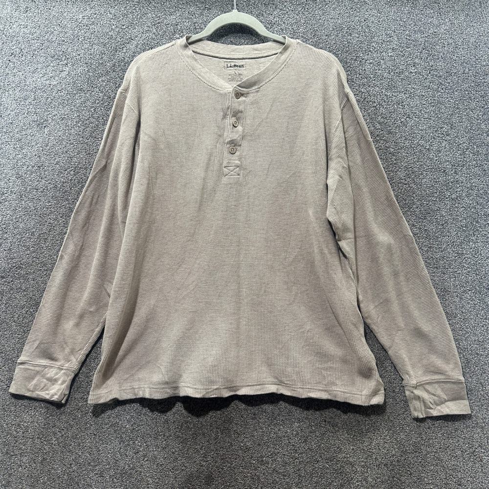 LL Bean Waffle Knit Henley Shirt Men Large Long Sleeve Cotton Thermal Layering